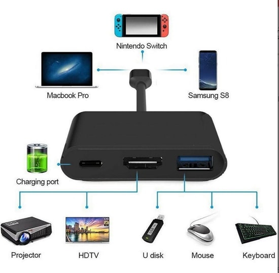 Nettech VR-19694 Type-C to 4K Hdmi Hub (Kırmızı) - 10 Cm Uzunluk, 3x USB A, 5 Girişli Görüntü Aktarım Kablosu