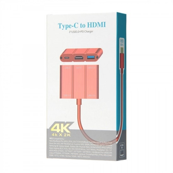 Nettech VR-19694 Type-C to 4K Hdmi Hub (Kırmızı) - 10 Cm Uzunluk, 3x USB A, 5 Girişli Görüntü Aktarım Kablosu