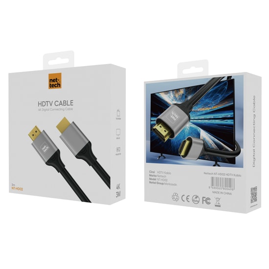 Nettech NT-HD02 4K HDMI Kablo 3 Metre - Plastik, Yüksek Hızlı 60Hz, 3D, Ethernet, Full HD