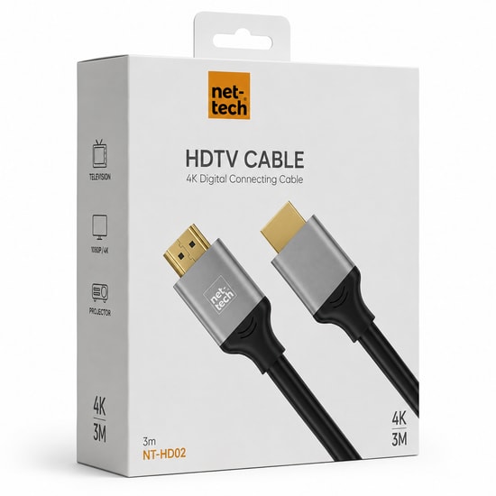 Nettech NT-HD02 4K HDMI Kablo 3 Metre - Plastik, Yüksek Hızlı 60Hz, 3D, Ethernet, Full HD