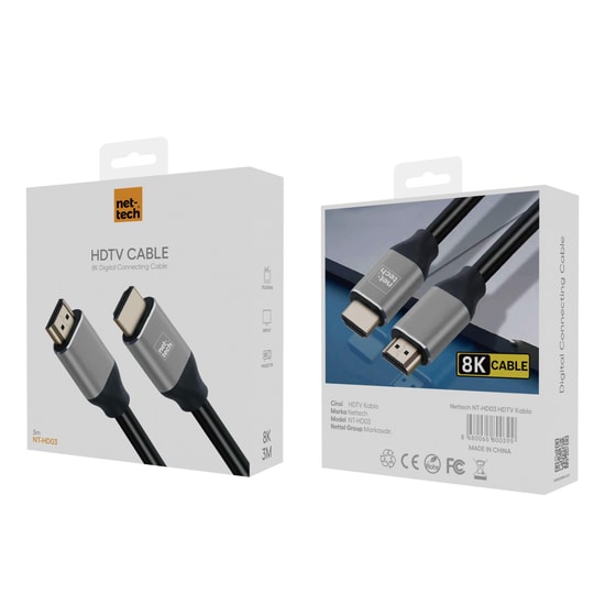 Nettech NT-HD03 8K HDMI 300cm Siyah Kablo - Ultra HD Görüntü ve Yüksek Hızlı Data Aktarımı