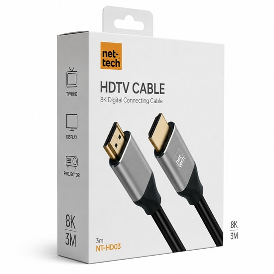 Nettech NT-HD03 8K HDMI 300cm Siyah Kablo - Ultra HD Görüntü ve Yüksek Hızlı Data Aktarımı