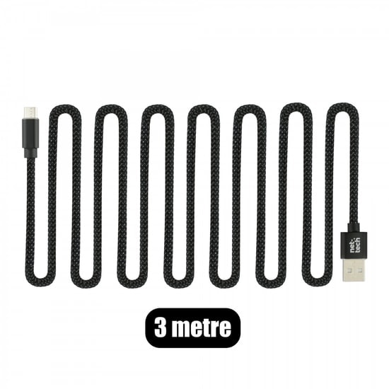 Nettech NT-DC02 300 Cm İp Örgü Micro USB Şarj ve Data Kablosu (NT-31111) - Siyah, Hızlı Şarj Desteği, Dayanıklı Tasarım