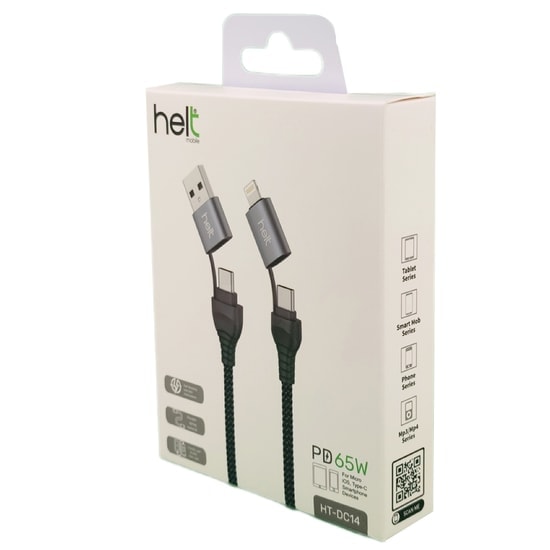 Helt HT-DC14 PD 65W İp Örgü 100 Cm Type-C To Lightning Şarj ve Data Kablosu - Siyah, NT-31292, Hızlı Şarj, Veri Aktarımı