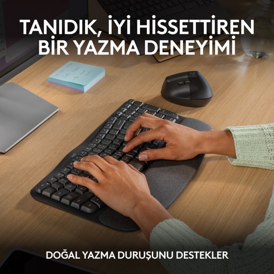 Logitech Wave Keys Grafit Türkçe Q Kablosuz Ergonomik Klavye (920-012311) - Bluetooth ve USB 2.4GHz, Bilek Destekli