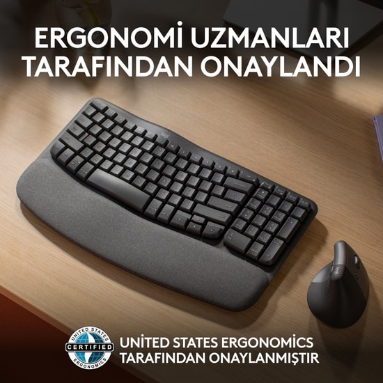 Logitech Wave Keys Grafit Türkçe Q Kablosuz Ergonomik Klavye (920-012311) - Bluetooth ve USB 2.4GHz, Bilek Destekli