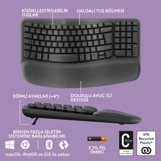 Logitech Wave Keys Grafit Türkçe Q Kablosuz Ergonomik Klavye (920-012311) - Bluetooth ve USB 2.4GHz, Bilek Destekli