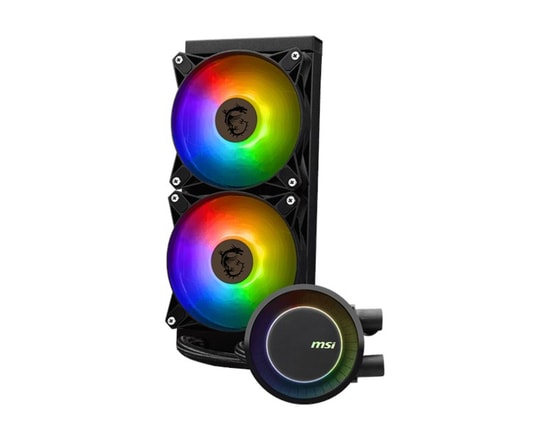 MSI Mag Coreliquid E240 240mm ARGB Siyah Sıvı İşlemci Soğutucu - 2x120mm Fan, AM4/LGA1150, Döner Kapak, 75CFM Hava Akışı