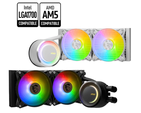 MSI Mag Coreliquid E240 240mm ARGB Siyah Sıvı İşlemci Soğutucu - 2x120mm Fan, AM4/LGA1150, Döner Kapak, 75CFM Hava Akışı