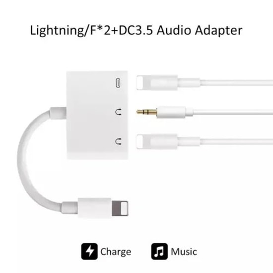 Nettech JH-010 Lightning + Lightning + 3.5 Jack To Lightning Dönüştürücü (Beyaz) Kablo