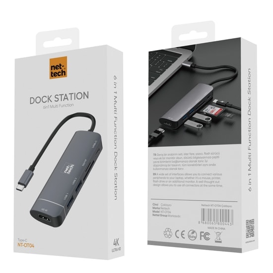 Nettech NT-0T04 Siyah Type-C Çoklayıcı Dönüştürücü (NT-100955) - HDMI, USB ve SD Kart Desteği, 4K Görüntü Adaptörü