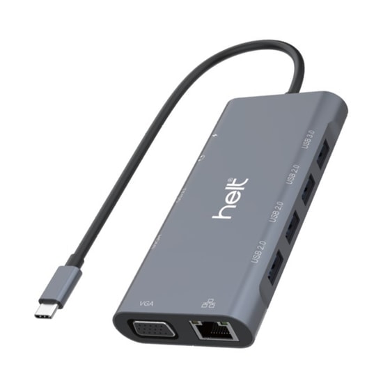Helt HT-OT01 11'i 1 Arada Type-C Dönüştürücü (NT-100956) - HDMI, VGA, Ethernet, SD Kart, USB, Type-C ve Jack Girişli