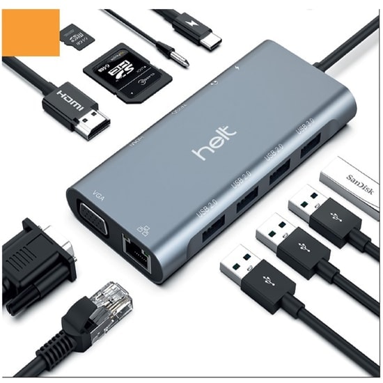 Helt HT-OT01 11'i 1 Arada Type-C Dönüştürücü (NT-100956) - HDMI, VGA, Ethernet, SD Kart, USB, Type-C ve Jack Girişli