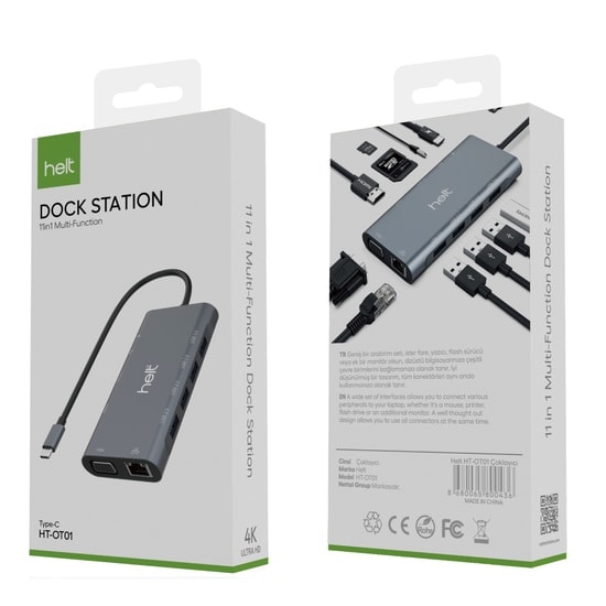 Helt HT-OT01 11'i 1 Arada Type-C Dönüştürücü (NT-100956) - HDMI, VGA, Ethernet, SD Kart, USB, Type-C ve Jack Girişli
