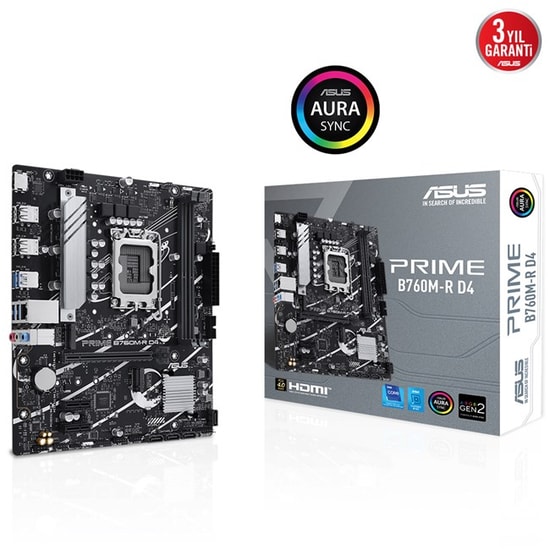 Asus Prime B760M-R D4 Anakart: Intel LGA1700, DDR4 5333MHz, Çift M.2, HDMI, Micro ATX, USB 3.2, AURA RGB, 2.5G LAN