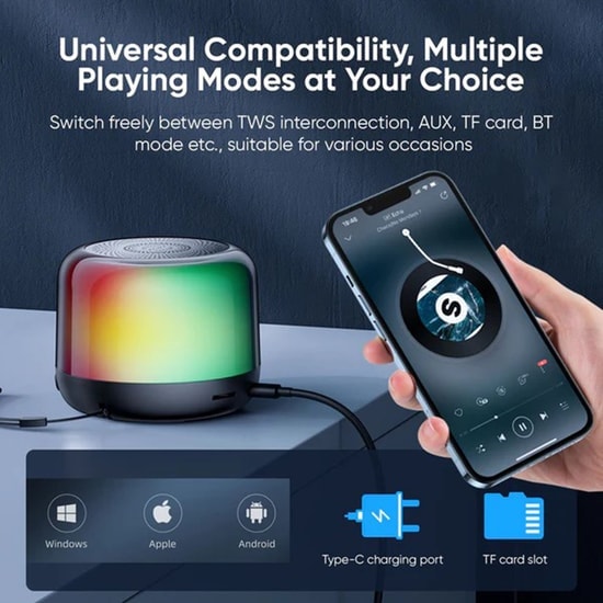 Joyroom JR-ML03 Işıklı Kablosuz Bluetooth Hoparlör (NT-96522) - Siyah, 5W Çıkış Gücü, 600mAh Batarya, 6 Saat Çalma