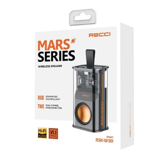 Recci RSK-W30 Mars Seri Bluetooth Hoparlör (NT-103821) - Siyah, Stereo Ses, 5.3 Bluetooth, 3 Saat Müzik, 500 mAh Batarya