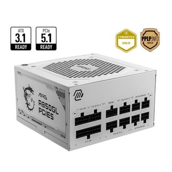 MSI MAG A850GL Beyaz 850W 80+ Gold Tam Modüler Güç Kaynağı - ATX 3.0, PCIe 5.0, 120mm Fan, Aktif PFC, Beyaz Tasarım