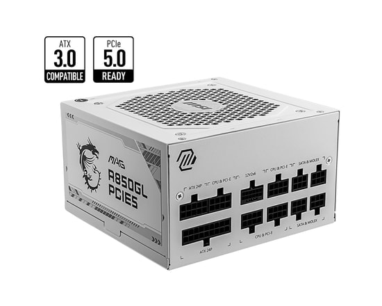 MSI MAG A850GL Beyaz 850W 80+ Gold Tam Modüler Güç Kaynağı - ATX 3.0, PCIe 5.0, 120mm Fan, Aktif PFC, Beyaz Tasarım