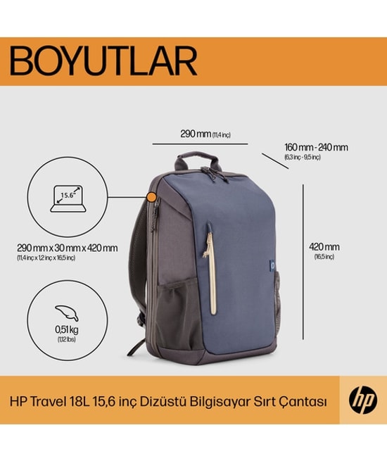 HP Travel 18 Litre 15.6 inç Dizüstü Bilgisayar Sırt Çantası (6B8U6AA) - Demir Grisi Renk, Suya Dayanıklı Tasarım