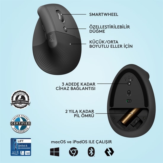Logitech Lift Grafit Kablosuz Ergonomik Dikey Optik Mouse (910-006473) - 4000 DPI, Bilek Desteği, Konforlu Tasarım