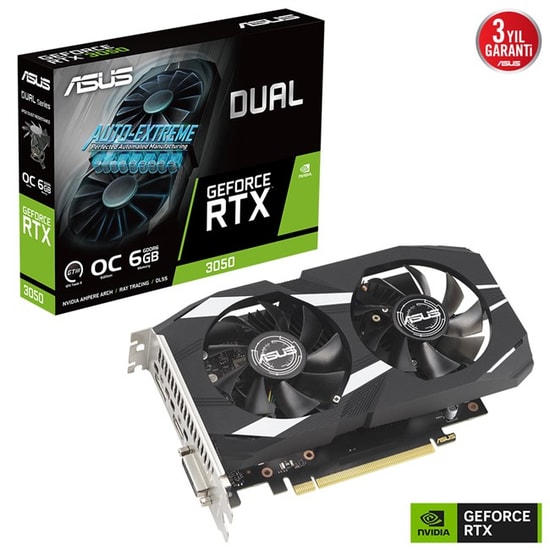 ASUS DUAL RTX 3050 O6G 6GB GDDR6 OC Ekran Kartı (DUAL-RTX3050-O6G) - DVI, HDMI, DisplayPort, PCI Express 4.0