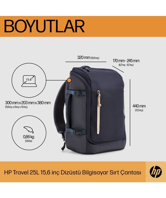 HP 6B8U4AA Travel 15.6 inç 25 Litre Laptop Sırt Çantası - Demir Grisi, Suya Dayanıklı Tasarım, Geniş İç Hacim