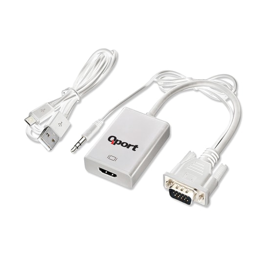 Qport Q-VH VGA to HDMI Çevirici Dönüştürücü + Ses Kablosu - Full HD Görüntü Aktarımı, Kompakt Tasarım, VGA+, HDMI-