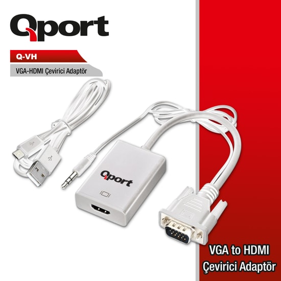 Qport Q-VH VGA to HDMI Çevirici Dönüştürücü + Ses Kablosu - Full HD Görüntü Aktarımı, Kompakt Tasarım, VGA+, HDMI-