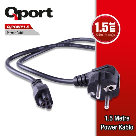 Qport Q-POWY1.5 Yonca NTB Power Kablosu 1.5 Metre - 220V Topraklı Yonca Tipi Güç Kablosu, Laptop Adaptör Uyumlu Bağlantı