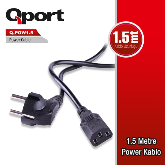 Qport Q-POW1.5 1.5 Metre PC Power Kablosu - 220V Topraklı Güç Kablosu, Monitör ve Bilgisayar Uyumlu Bağlantı Kablosu