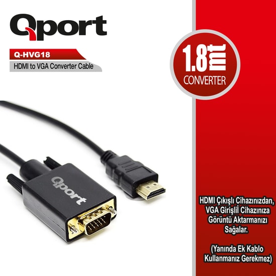 Qport Q-HVG18 HDMI to VGA Çevirici Kablo 1.8 Metre - 1080p Full HD Görüntü Aktarımı, Yüksek Çözünürlüklü Dönüştürücü