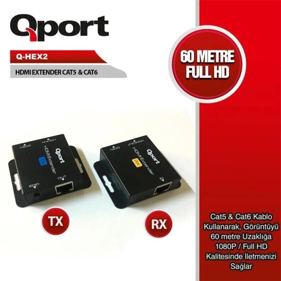 Qport Q-HEX2 60 Metre Full HD HDMI Extender - 60 Metre CAT6 Üzerinden Görüntü Aktarıcı, 2'li Kit, Adaptör Dahil