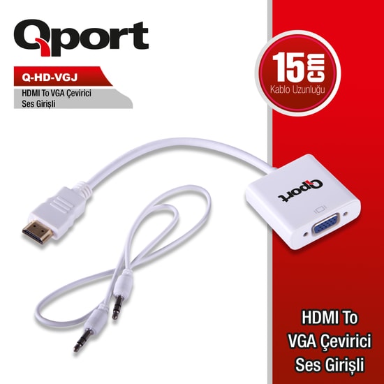 Qport Q-HD-VGJ-HVJ HDMI to VGA Çevirici Dönüştürücü Adaptör - Full HD 1080p Görüntü Aktarımı, Kompakt Tasarım