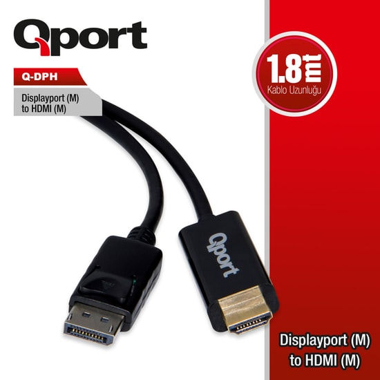 Qport Q-DPH DisplayPort to HDMI 1.8m Kablo - 4K Çözünürlük Desteği, Altın Kaplama Konnektör, Görüntü Dönüştürücü Adaptör