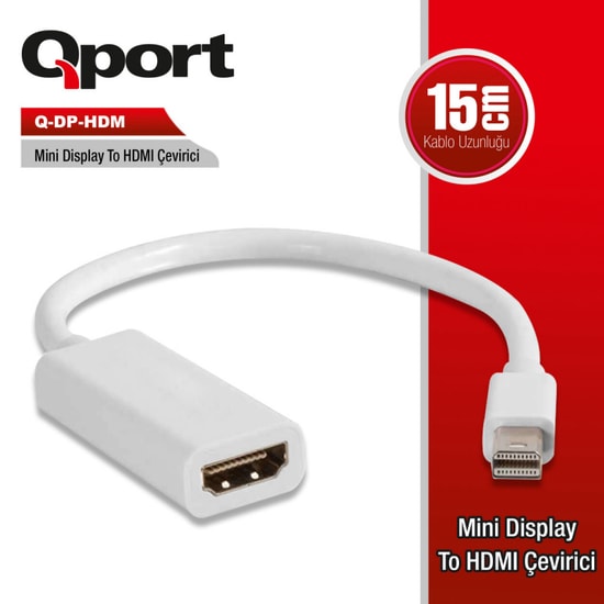 Qport Q-DP-HDM Mini DisplayPort to HDMI Çevirici Adaptör - 15cm Kablo, 4K Destekli, Full HD Görüntü Aktarımı