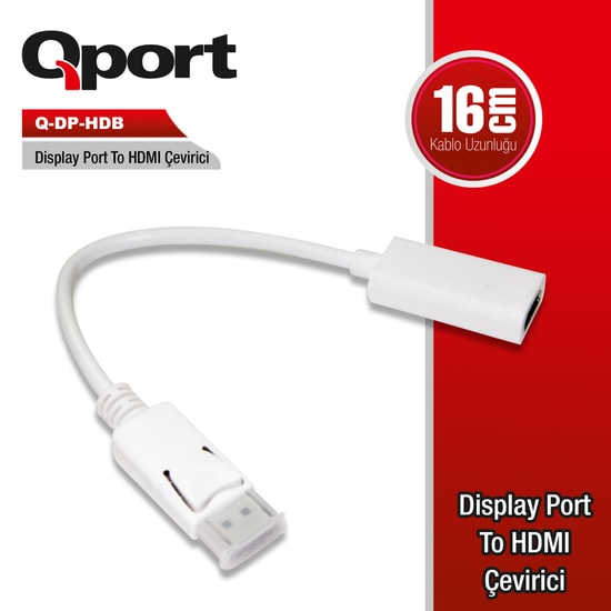 Qport Q-DP-HDB DisplayPort to HDMI 4K Çevirici Adaptör - 16cm Kablo, Ultra HD Görüntü Aktarımı, Tak Çalıştır