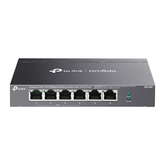 TP-Link Omada DS106P Switch - 6 Port 10/100 (4xPoE+, 67W, 250m PoE), Metal Kasa, Otomatik Kurtarma, Yönetilemez Anahtar