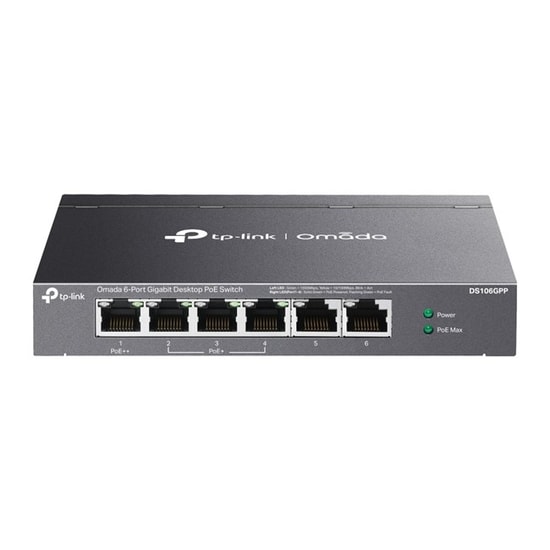 TP-Link Omada DS106GPP Switch - 6 Port Gigabit PoE (64W) 250m PoE, Otomatik Kurtarma, Metal Kasa, Yönetilemez Anahtar