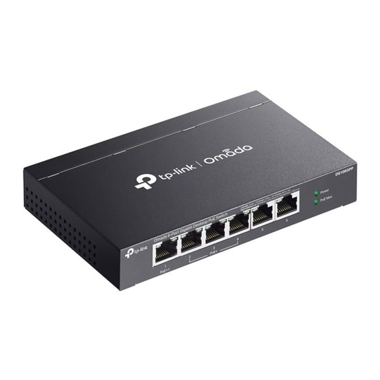 TP-Link Omada DS106GPP Switch - 6 Port Gigabit PoE (64W) 250m PoE, Otomatik Kurtarma, Metal Kasa, Yönetilemez Anahtar