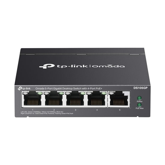 TP-Link Omada DS105GP Switch: 5 Port Gigabit PoE+ (64W), 250m PoE, Otomatik Kurtarma, Metal Kasa, Yönetilemez Anahtar