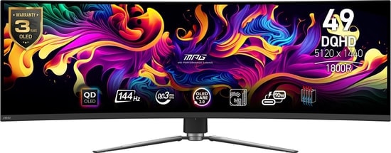 MSI MPG 491CQP 49" QD-OLED DQHD 144Hz 0.03ms Curved Gaming Monitör - 5120x1440, 1800R, HDMI, DP, Type-C, HDR