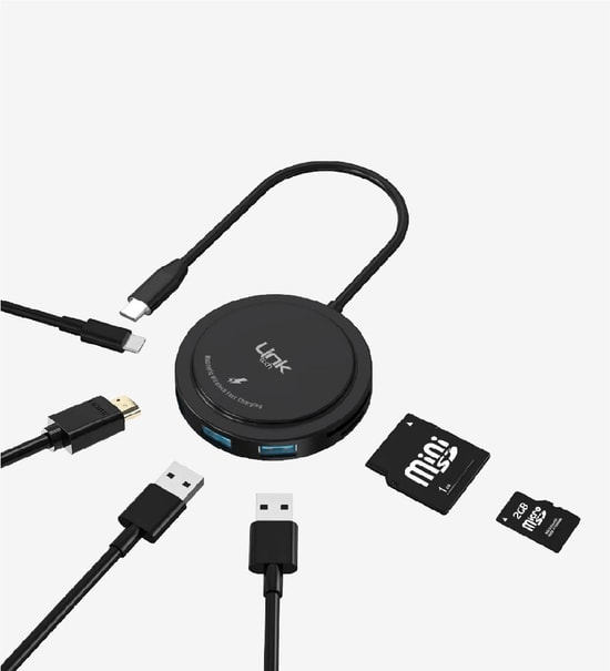 LinkTech A200 Premium 7in1 Kablosuz Şarj Pedi USB-C Hub ve Kart Okuyucu (LPA-A200) - 100W PD, 15W Hızlı Şarj Desteği