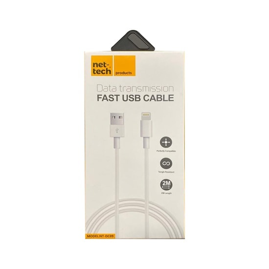 Nettech NT-DC09 2.4A 200 Cm Lightning Şarj ve Data Kablosu - Beyaz, Hızlı Şarj, Dayanıklı Plastik Tasarım ve Kablo