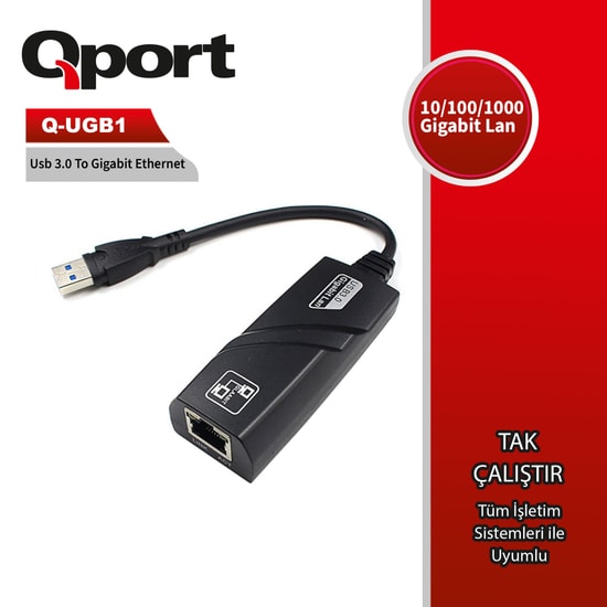 Qport Q-UGB1 USB 3.0 to Gigabit Ethernet 10/100/1000 Ağ Adaptörü - 1 Gbps Hızlı Bağlantı, Tak Çalıştır Dönüştürücü