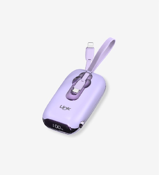 LinkTech LPB-MP09 Mor 22.5W 9600mAh Hızlı Şarj Powerbank - Dijital Ekranlı, Dahili Lightning & Type-C Kablolu