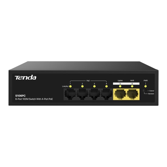 Tenda S106PC 6 Port 10/100 Mbps 4 Port PoE Switch - 2x Uplink, 55W PoE Destekli, Çelik Kasa, Tak Çalıştır Masaüstü