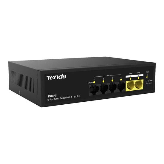 Tenda S106PC 6 Port 10/100 Mbps 4 Port PoE Switch - 2x Uplink, 55W PoE Destekli, Çelik Kasa, Tak Çalıştır Masaüstü