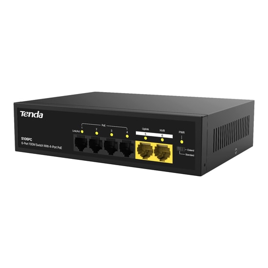 Tenda S106PC 6 Port 10/100 Mbps 4 Port PoE Switch - 2x Uplink, 55W PoE Destekli, Çelik Kasa, Tak Çalıştır Masaüstü