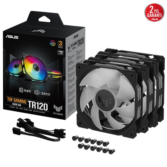 Asus TUF Gaming TR120 Siyah 3lü Kasa Fanı - ARGB, 120 mm, 77.4 CFM, 29 dB, 2000 RPM, 4 Pin, Aura Sync